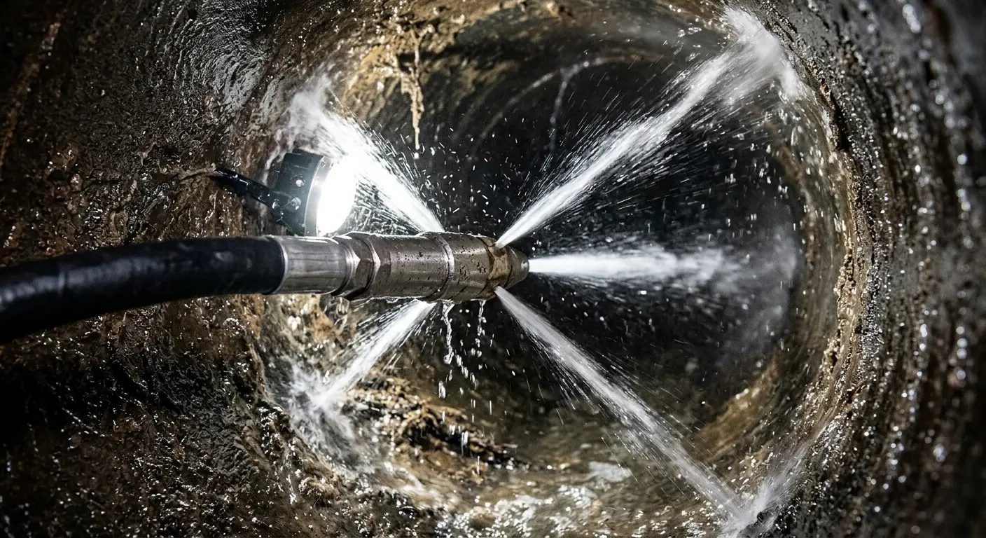 High-pressure hydro jetting nozzle cleaning sewer pipe for Emergency Drain Service in Upper Grand Lagoon