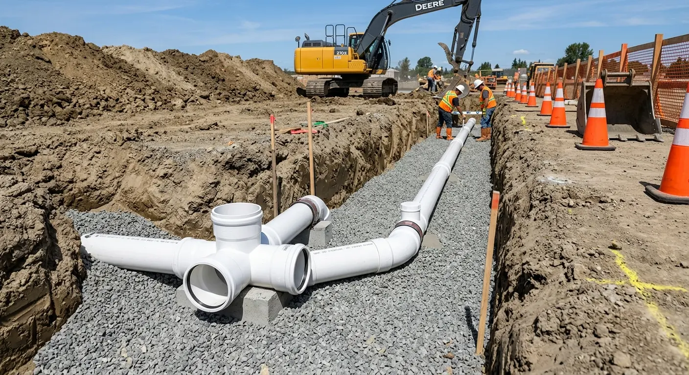 New PVC sewer pipe installation in open trench for Sewer Backup in Upper Grand Lagoon