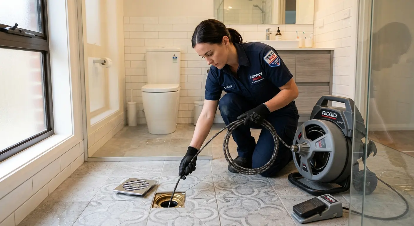 Technician clearing a bathroom floor drain for Sewer Line Replacement in Upper Grand Lagoon